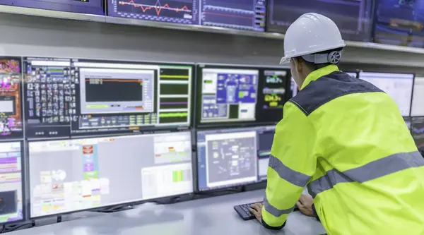 Kontrol odasında çalışan bir mühendis. Yönetici kontrol sistemi. Birçok monitörden teknisyen izleme programı