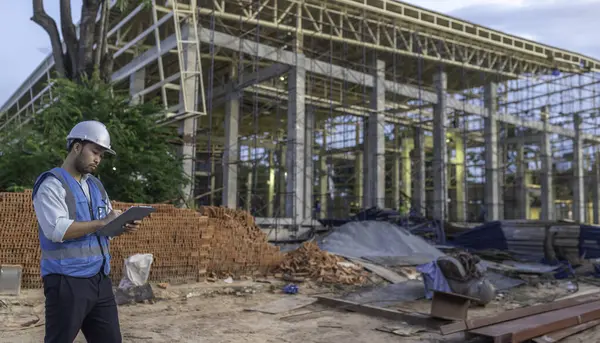 Büyük bir inşaat projesinin şantiyesinde çalışan Asyalı mühendis. Taylandlılar. İnşaat alanında fazla mesai