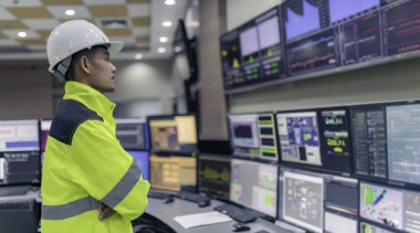 Kontrol odasında çalışan bir mühendis. Yönetici kontrol sistemi. Birçok monitörden teknisyen izleme programı