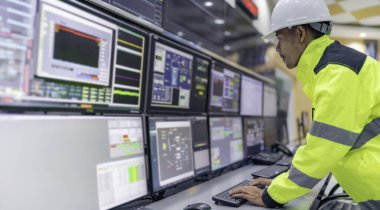 Kontrol odasında çalışan bir mühendis. Yönetici kontrol sistemi. Birçok monitörden teknisyen izleme programı