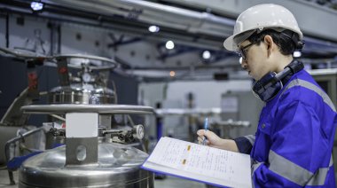 Ameliyathanede çalışan Asyalı mühendis. Taylandlılar kask takar. Çalışkanlık ve sabırla çalıştı, hidrojen tankındaki kapakçık düzenleyicisini kontrol etti..