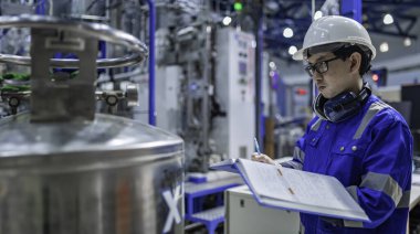 Ameliyathanede çalışan Asyalı mühendis. Taylandlılar kask takar. Çalışkanlık ve sabırla çalıştı, hidrojen tankındaki kapakçık düzenleyicisini kontrol etti..