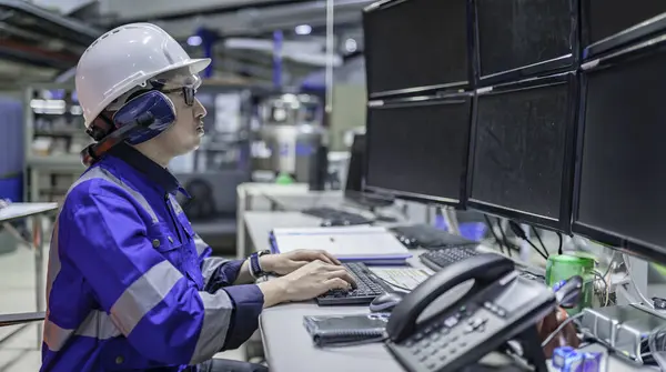 Ameliyathanede çalışan Asyalı mühendis. Taylandlılar kask takar. Çalışkanlık ve sabırla çalıştı, hidrojen tankındaki kapakçık düzenleyicisini kontrol etti..