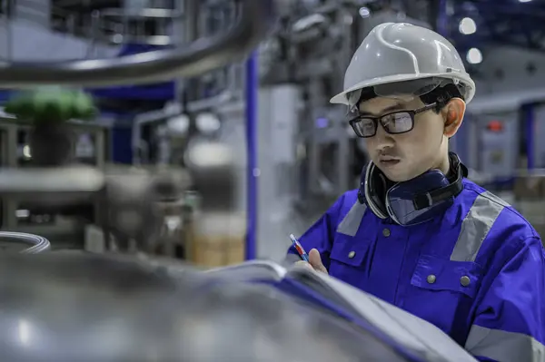 Asian engineer working at Operating hall. Thailand people wear helmet  work. He worked with diligence and patience, checked the valve regulator at the hydrogen tank.