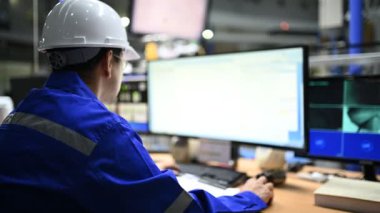 Kontrol odasında çalışan mühendis, yönetici kontrol sistemi, birçok monitörden teknisyen izleme programı.