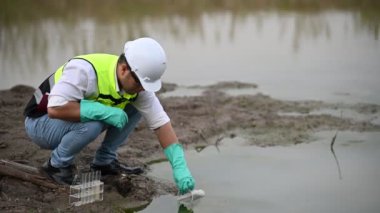 Çevre mühendisi su kaynaklarındaki kirleticileri kontrol etmek ve su test sonuçlarını tekrar kullanmak için analiz etmek için su kaynaklarında çalışıyor. Dünya çevre günü kavramı. 