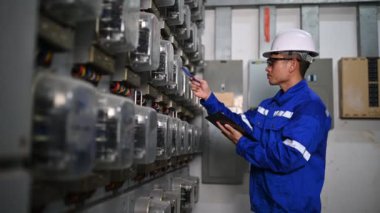 Elektrik mühendisi endüstriyel kontrol odasındaki elektrik sistemi arızalarını çözüyor..