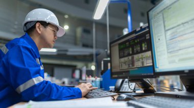 Kontrol odasında çalışan mühendis, yönetici kontrol sistemi, birçok monitörden teknisyen izleme programı.