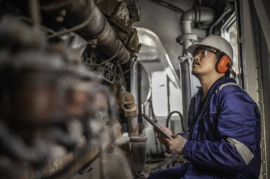 Makine mühendisi fabrikadaki büyük makineleri inceliyor, demiryolu motor bakım teknisyeni, motor tamircisi