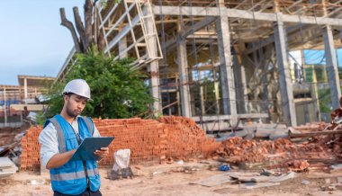 Tayland 'da büyük bir inşaat projesinin şantiyesinde çalışan Asyalı mühendis inşaat alanında fazla mesai yapıyor.