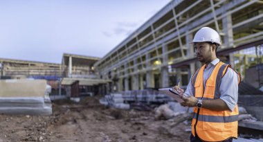 Tayland 'da büyük bir inşaat projesinin şantiyesinde çalışan Asyalı mühendis inşaat alanında fazla mesai yapıyor.