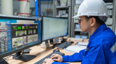 Kontrol odasında çalışan mühendis, yönetici kontrol sistemi, birçok monitörden teknisyen izleme programı.