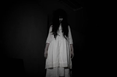 Asyalı kadın makyajı hayaleti, arka plan korku sahnesi, Cadılar Bayramı festivali konsepti, hayalet filmleri afişi, dairede kızgın ruh.