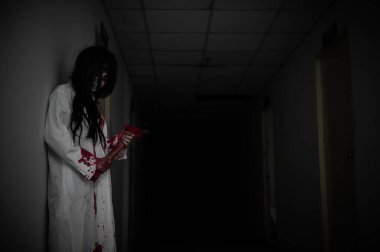 Asyalı kadın makyajı hayaleti, arka plan korku sahnesi, Cadılar Bayramı festivali konsepti, hayalet filmleri afişi, dairede kızgın ruh.