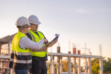 Tayland 'da büyük bir inşaat projesinin şantiyesinde çalışan iki Asyalı mühendis şantiyede fazla mesai, şantiyede çalışan bir mühendis diski.