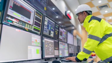 Kontrol odasında çalışan mühendis, yönetici kontrol sistemi, birçok monitörden teknisyen izleme programı.