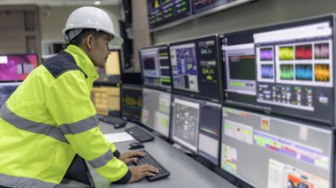 Kontrol odasında çalışan mühendis, yönetici kontrol sistemi, birçok monitörden teknisyen izleme programı.