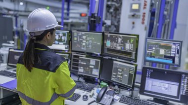 Büyük Endüstri Fabrikası Kadın Bilgisayar Mühendisi Kişisel Bilgisayar 'da çalışıyor. Tayland' daki insanlar dört monitör ve ciddi programcılarla çalışıyor.