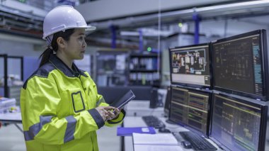 Büyük Endüstri Fabrikası Kadın Bilgisayar Mühendisi Kişisel Bilgisayar 'da çalışıyor. Tayland' daki insanlar dört monitör ve ciddi programcılarla çalışıyor.