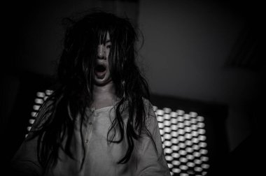 Asyalı kadın makyajı hayaleti, arka plan korku sahnesi, Cadılar Bayramı festivali konsepti, hayalet filmleri afişi, dairede kızgın ruh.