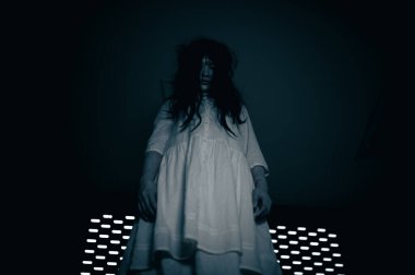 Asyalı kadın makyajı hayaleti, arka plan korku sahnesi, Cadılar Bayramı festivali konsepti, hayalet filmleri afişi, dairede kızgın ruh.