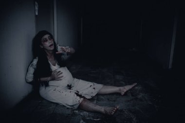 Asyalı bir kadının portresi hamile bir hayaletin portresi, arka plan için korkunç korku sahnesi, Cadılar Bayramı festivali konsepti, hayalet filmleri posteri.