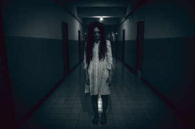 Asyalı kadın makyajı hayaleti, arka plan korku sahnesi, Cadılar Bayramı festivali konsepti, hayalet filmleri afişi, dairede kızgın ruh.