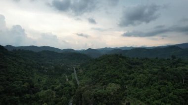 Gökyüzü bulutlu dağlardaki güzel ormanın havadan görünüşü