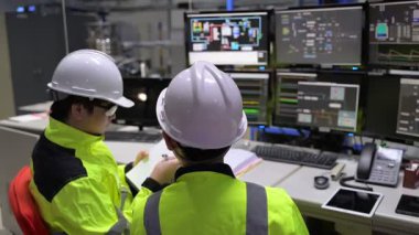 Büyük Endüstri Fabrikası Erkek Bilgisayar Mühendisleri Kişisel Bilgisayarlar üzerinde çalışıyor kontrol makinesi için kodlama programı, Taylandlılar dört monitör ve ciddi bir programcıyla çalışıyorlar.