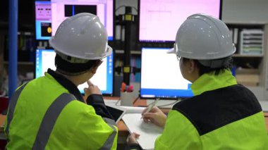 Büyük Endüstri Fabrikası Erkek Bilgisayar Mühendisleri Kişisel Bilgisayarlar üzerinde çalışıyor kontrol makinesi için kodlama programı, Taylandlılar dört monitör ve ciddi bir programcıyla çalışıyorlar.