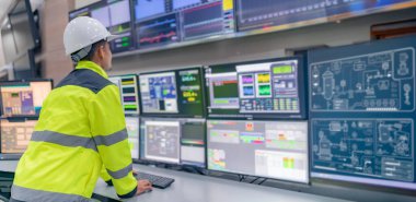 Kontrol odasında çalışan bir mühendis, yönetici kontrol sistemi. Birçok monitörden teknisyen izleme programı.
