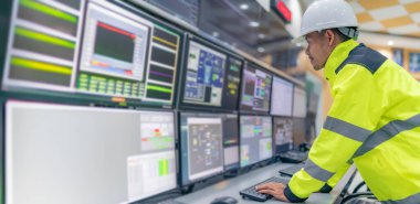 Kontrol odasında çalışan bir mühendis, yönetici kontrol sistemi. Birçok monitörden teknisyen izleme programı.