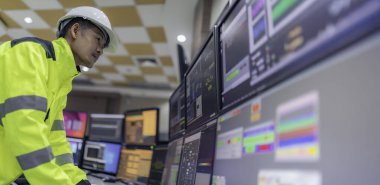 Kontrol odasında çalışan bir mühendis, yönetici kontrol sistemi. Birçok monitörden teknisyen izleme programı.