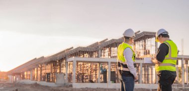 Büyük bir inşaat projesinde çalışan iki Asyalı mühendis. İnşaat alanında fazla mesai.