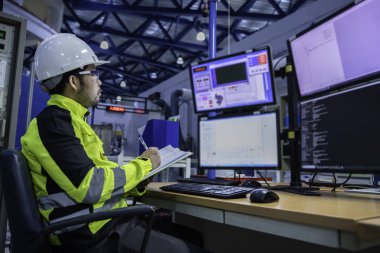 Kontrol odasında çalışan bir mühendis, yönetici kontrol sistemi. Birçok monitörden teknisyen izleme programı.