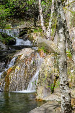 Las Hurdes nehrinde saf ve kristal su şelalesi.