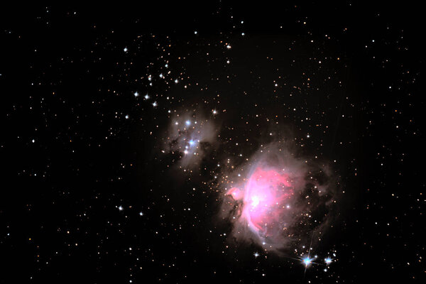 Orion Nebula, also known as Messier 42, M42, or NGC 1976, is a diffuse nebula located south of Orion's belt.