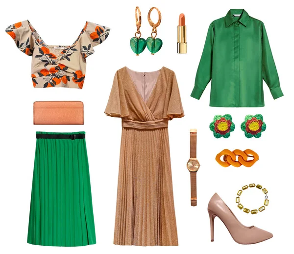 Fashion Groene Bruine Dameskleding Geïsoleerd Meisjeskleding Trendy Vrouwelijke Kleding Accessoires — Stockfoto