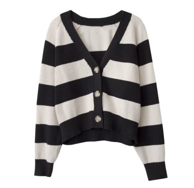 Örülmüş hırka, çizgili süveter. Moda moda kadın kıyafetleri. Kadın giysileri..