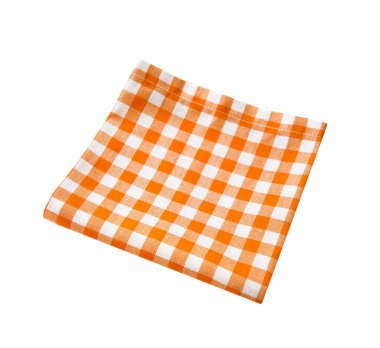 Turuncu katlanmış piknik örtüsü beyazın üzerinde izole edilmiş. Yemek dekoru. Mutfak havlusu üst görünümü