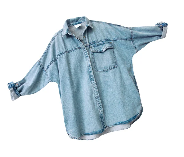 Flying Denim Shirt Geïsoleerd Wit Short Moving Mode Kleding Jean — Stockfoto