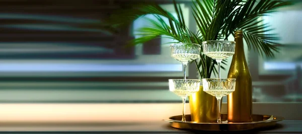 Luxury beverage.Hotel party banner. Empty space holiday background. Restaurant empty space backdrop. Alcohol tropical bar.Elegant glasses and champagne.