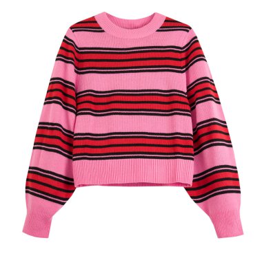 Beautiful pink red striped pullover,fashion sweater isolated. Trendy women's clothes. Female top clothing.