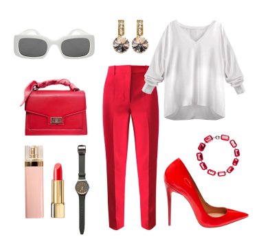Beautiful red white colors women's clothes set isolated on white. Female clothing collection. Lady's garment.