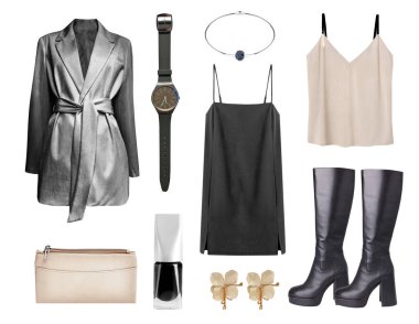 Black silver beige women's clothes set isolated on white. Trendy fashion female clothing. Lady's elegant apparel collection, collage.