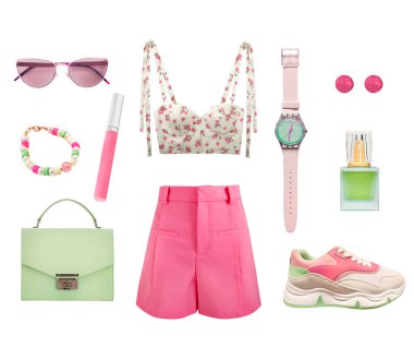 Summer women's clothes set isolated. Female spring clothing, green pink color apparel and accessories. Collection of girl's garment. 