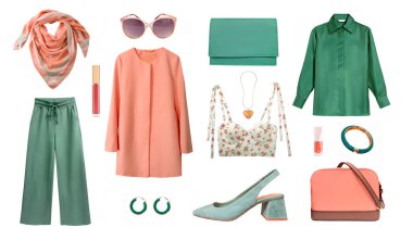 Beautiful women clothes set isolated on white. Lady's garment collage. Collection of modern elegant female apparel. Outfit.