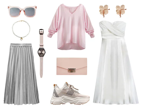 Beautiful Feminine Clothes Set Isolated White Pink Grey Colors Clothing Imágenes de stock libres de derechos