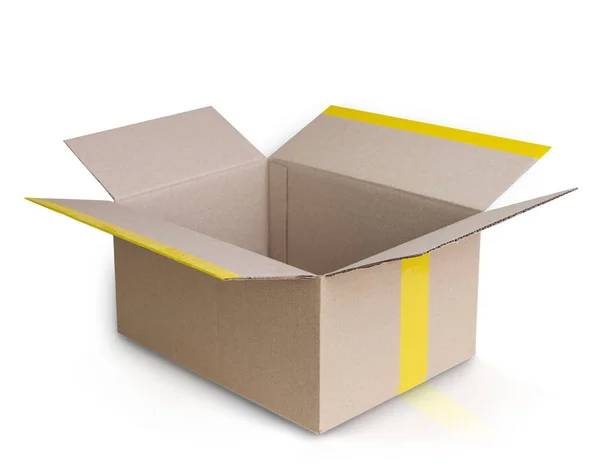 Pudełko Kartonowe Otwarte Biało Przedmiot Dostawy Przesyłka — Zdjęcie stockowe