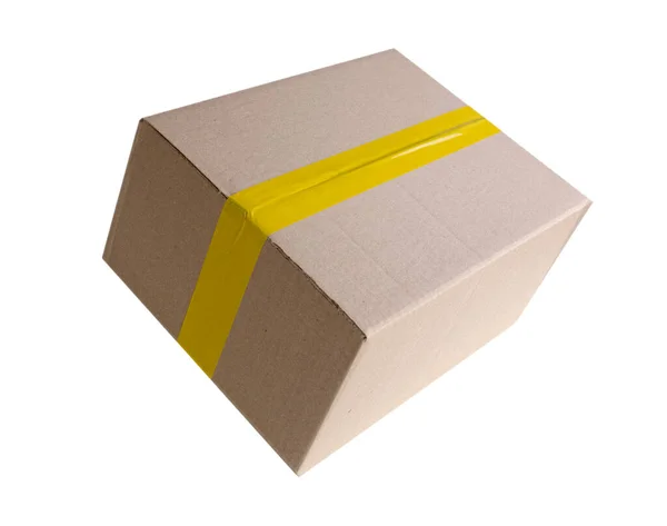 Pudełko Kartonowe Żółta Taśma Zamknięta Izolowana Biało Dostawa Poprzednia Paczka — Zdjęcie stockowe
